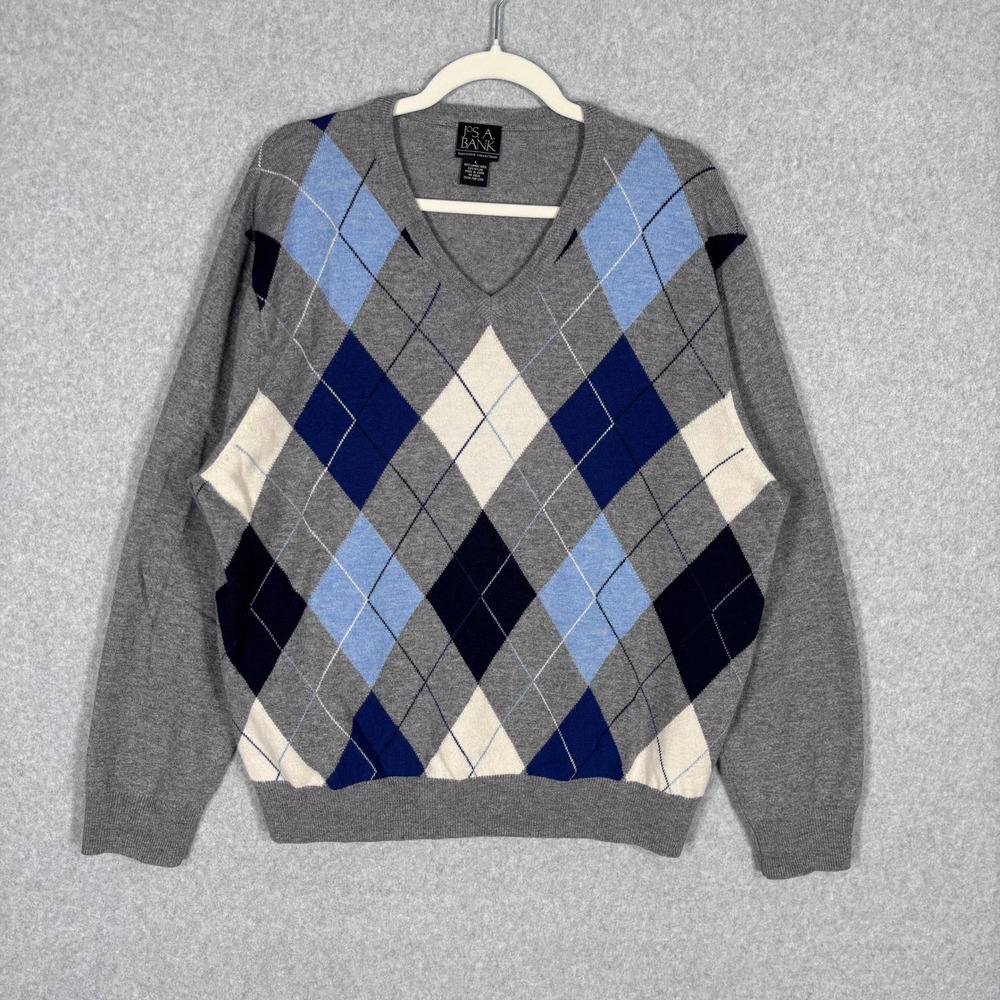 Jos A Bank Lambswool Argyle Sweater Large Gray Blue‎ Tennis Varsity Old Money